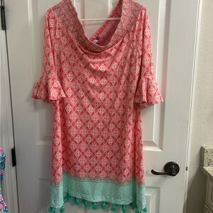 Cabana Life Coral and Mint Patterned Dress off the shoulder. Size XL
